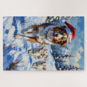 Puzzle Australian Shepherd Herding Snowballs with Santa (Horizontal)
