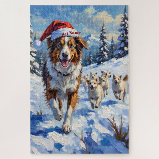 Puzzle Australian Shepherd Herding Snowballs with Santa (Vertical)