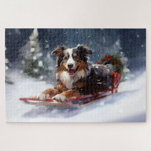 Puzzle Australian Shepherd hiver neige de Noël (Horizontal)
