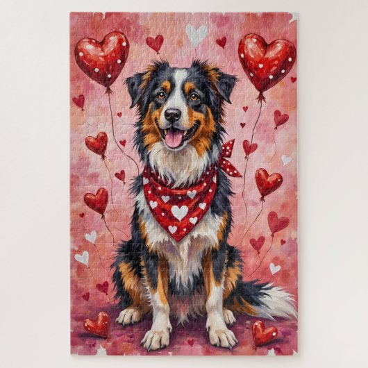 Puzzle Australian Shepherd Valentine Dog Art with Hearts (Vertical)