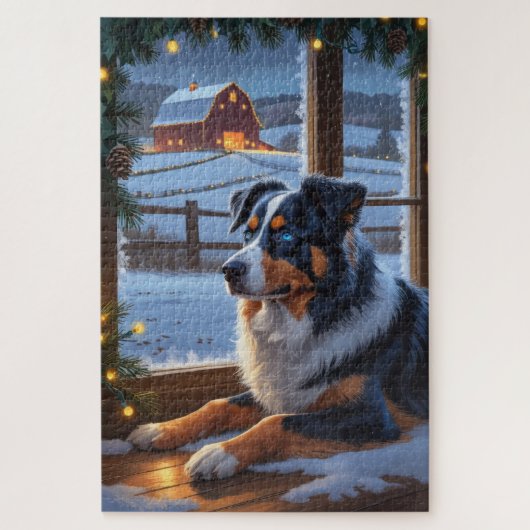 Puzzle Australian Shepherd With Christmas Lights Holiday (Vertical)
