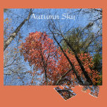 Puzzle Automne Ciel coloré Arbres d'automne Photographie<br><div class="desc">Feuillage d'automne coloré sur les arbres dans les Blue Ridge Mountains de l'ouest de la Caroline du Nord sur un puzzle photographique avec texte personnalisable. Cette image photographique d'arbres aux feuilles colorés a été capturée dans la forêt de l'État de DuPont, NC. En regardant vers le haut, le ciel bleu...</div>