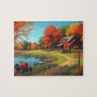Puzzle Autumn Farm Pond Red House Tractor Scene