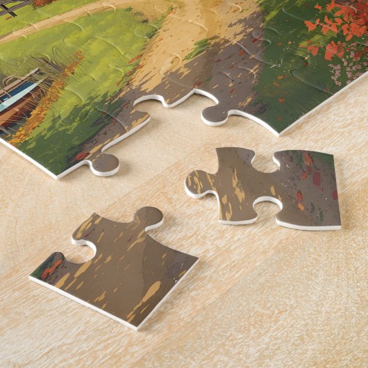 Puzzle Autumn Farm Pond Red House Tractor Scene (Côté)