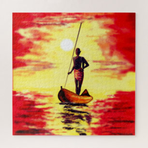 Puzzle avec un pêcheur sur le bateau au coucher du