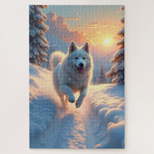 Puzzle Aventure de Noël en montagne enneigée Samoyède