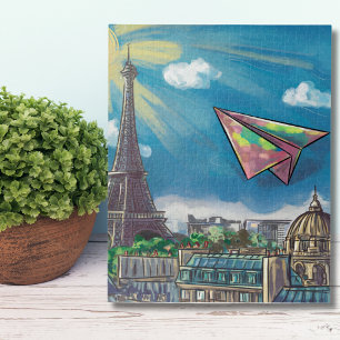 Puzzle Avion en papier coloré volant Paris, tour Eiffel
