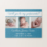Puzzle Baby Boy Photo Serez-Vous Mes Parents Bleus Mignon<br><div class="desc">Serez-vous mes parrains ? Un classique puzzle photo pour bébé en bleu cérusé avec une belle typographie cursive au-dessus de votre collage photo de nouveau-né doux. Customisez ce cadeau de keepsaké avec vos photos préférées de votre nouveau-né au-dessus de leur date de naissance et de leur taille et poids statistiques....</div>