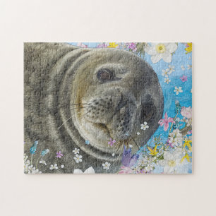 Puzzle Baignade de Lion de mer dans le Patch des fleurs