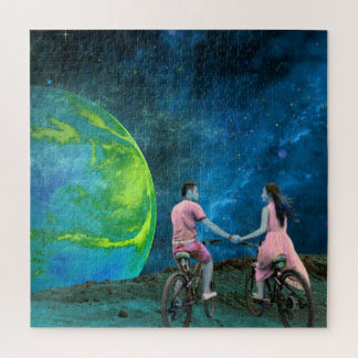 Puzzle Balade à vélo pour couples sur la lune dans l'espa