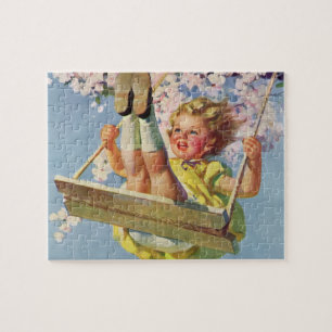 Puzzle Balançoire Vintage, Fille Se Balançant Dans Un Arb
