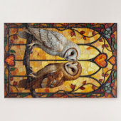 Puzzle Barn Owls Heart-Faced Stained Glass Embrace (Horizontal)