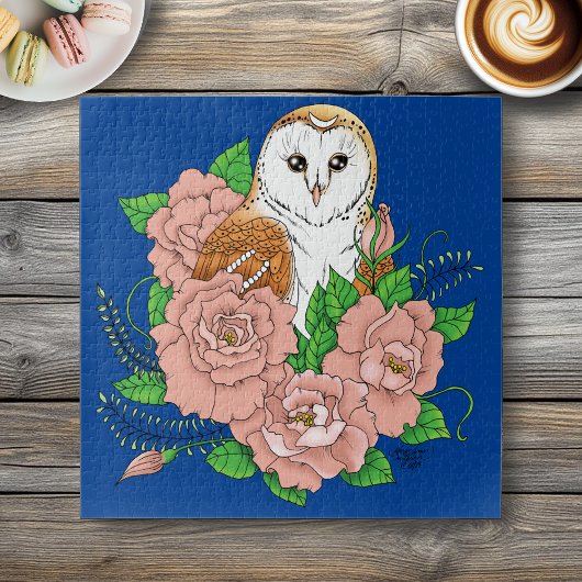 Puzzle Barne Chouette Fleurs roses Bleu