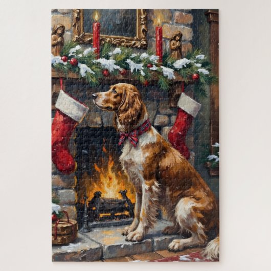 Puzzle Bas rouge de Noël Setter Anglais cheminée (Vertical)