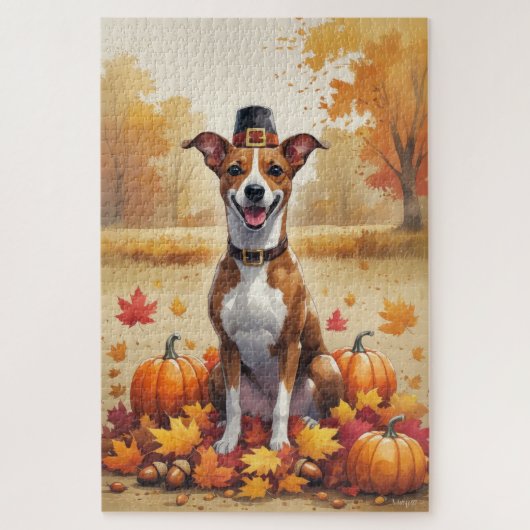 Puzzle Basenji dans l'art de l'Action de grâce des feuill (Vertical)
