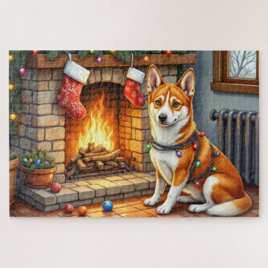 Puzzle Basenji Sitting by Fireplace with Christmas Lights (Horizontal)