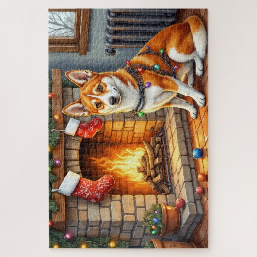 Puzzle Basenji Sitting by Fireplace with Christmas Lights (Vertical)