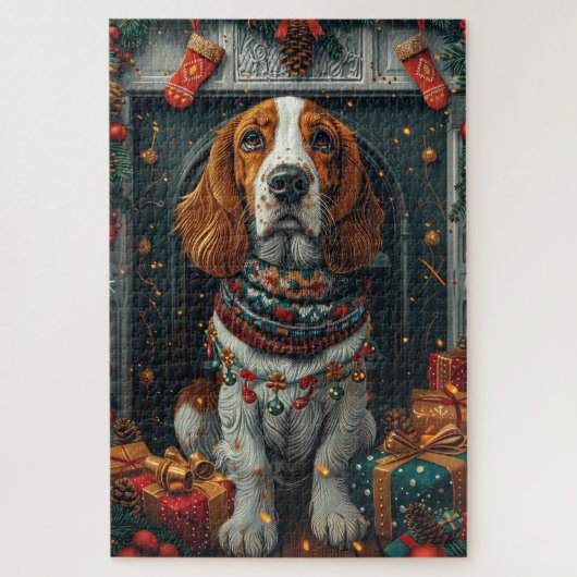 Puzzle Basset Hound avec des cadeaux de Noël devant une c (Vertical)