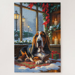 Puzzle Basset Hound avec lumières de Noël vacances 