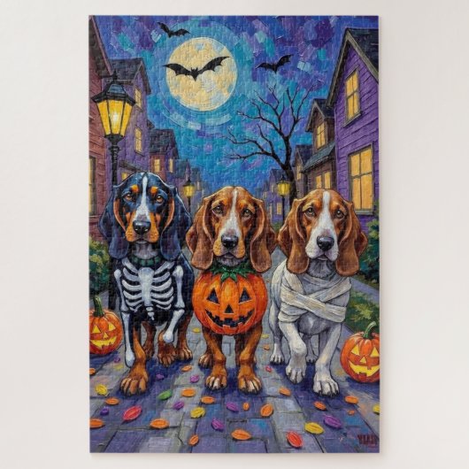 Puzzle Basset Hound Dogs Trick-or-Treating en Halloween (Vertical)