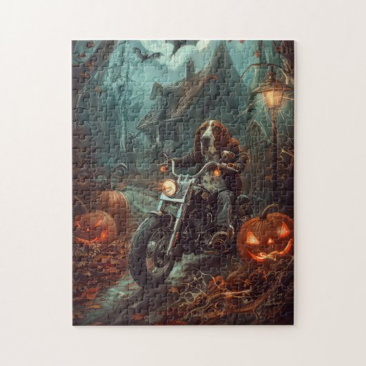 Puzzle Basset Hound équitation moto Halloween effrayant (Vertical)