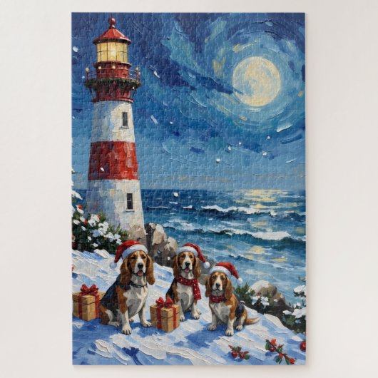 Puzzle Basset Hound Noël Phare Vacances (Vertical)