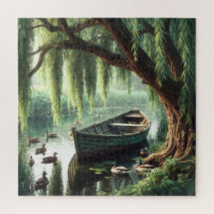 Puzzle Bateau à rames en bois sous un saule pleureur