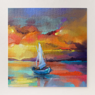 Puzzle Bateau à voile coloré Coucher de soleil Art abstra