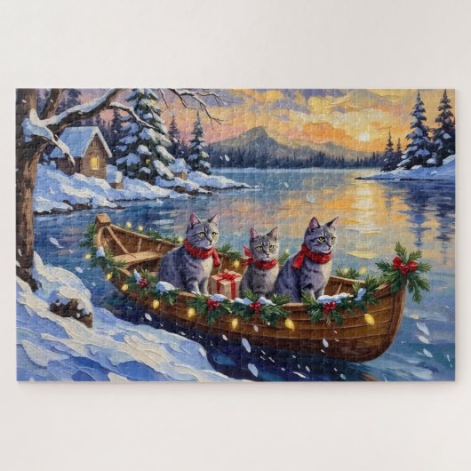 Puzzle Bateau de Noël de chat bleu oriental Fêtes (Horizontal)