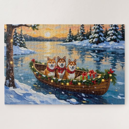 Puzzle Bateau de Noël Shiba Inu Vacances (Horizontal)