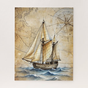 Puzzle Bateau Nautique Vintage Personnalisé avec Carte An