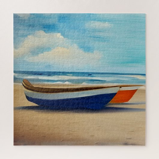 Puzzle Bateau rouge et bleu sur une plage de sable (Vertical)