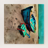 Puzzle Bateau sarcelle sur une plage de sable (Horizontal)