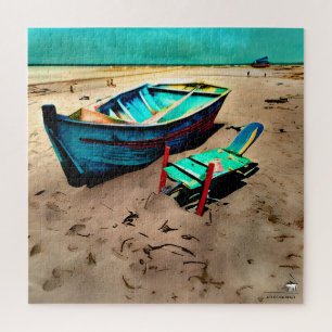 Puzzle Bateau sarcelle sur une plage de sable