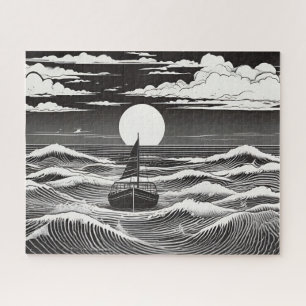 Puzzle Bateau solitaire à croquis noir et blanc en mer