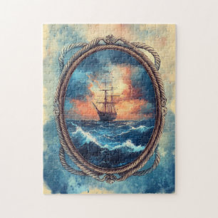 Puzzle Bateau sur Stormy Sea Rope Border Art