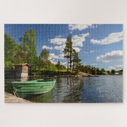 Puzzle Bateau vert dans un paysage de fjord en Norvège (Horizontal)