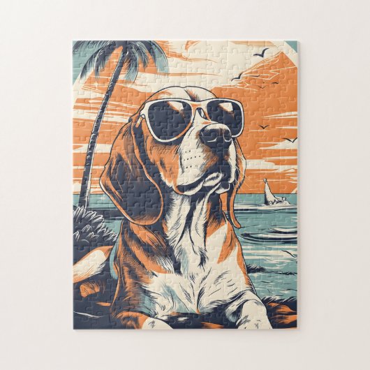 Puzzle Beagle avec lunettes de soleil à la plage (Vertical)