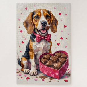 Puzzle Beagle dévorant une boîte de chocolats de la Saint
