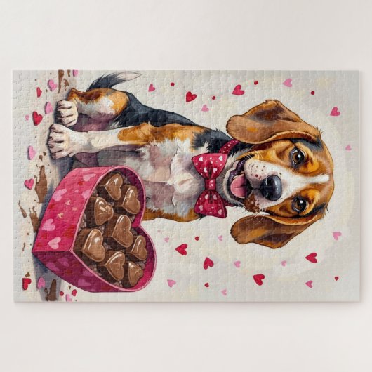 Puzzle Beagle Devouring Valentine's Chocolate Box (Horizontal)