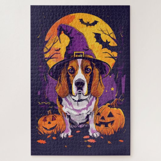 Puzzle Beagle Effrayant Halloween Sorcière Et Citrouille (Vertical)