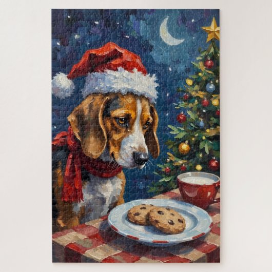 Puzzle Beagle Nudging Santa's Christmas Cookies Hat (Vertical)