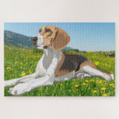 Puzzle Beau Beagle allongé dans une prairie fleurie (Horizontal)