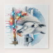 Puzzle Beau Cheval Blanc à la ferme Noël (Horizontal)