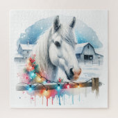 Puzzle Beau Cheval Blanc à la ferme Noël (Vertical)