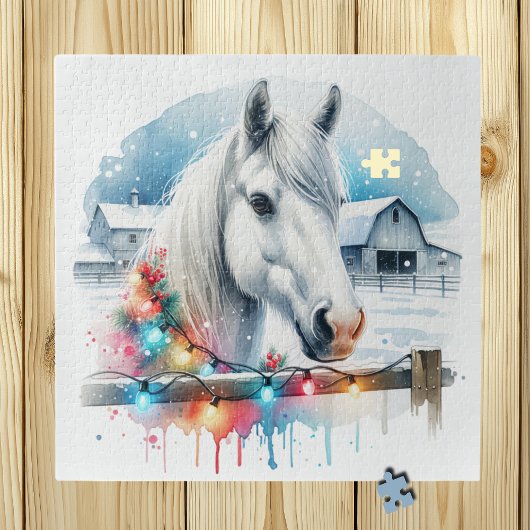 Puzzle Beau Cheval Blanc à la ferme Noël