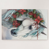 Puzzle Beau Cheval Blanc avec Fleurs Rouges Noël (Horizontal)
