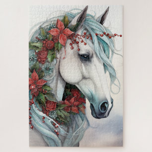 Puzzle Beau Cheval Blanc avec Fleurs Rouges Noël