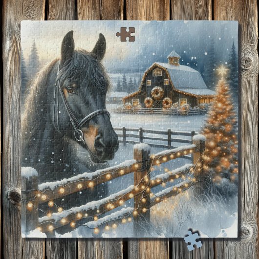 Puzzle Beau Cheval Noir Festif à la ferme Noël