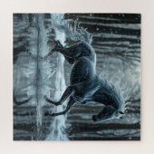 Puzzle Beau Cheval Noir Galopant Dans L'Eau (Horizontal)